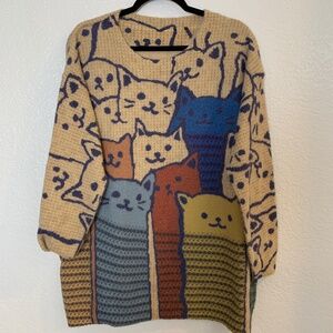 Cat Sweater Womens Large Allover Print Wool Blend Soft Tan Whimsical  Cozy